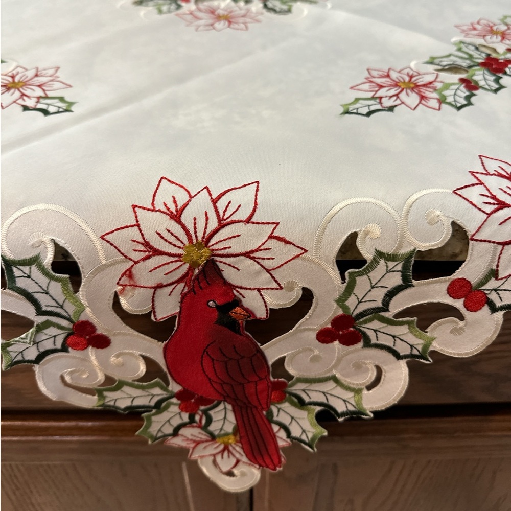 Festive Cardinal Embroidered Tablecloth